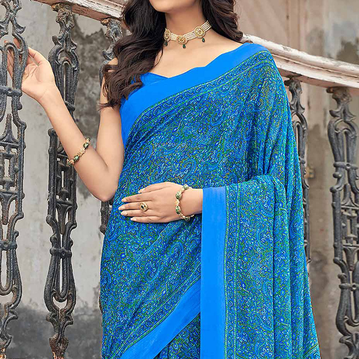 Blue Floral Printed Chiffon Saree