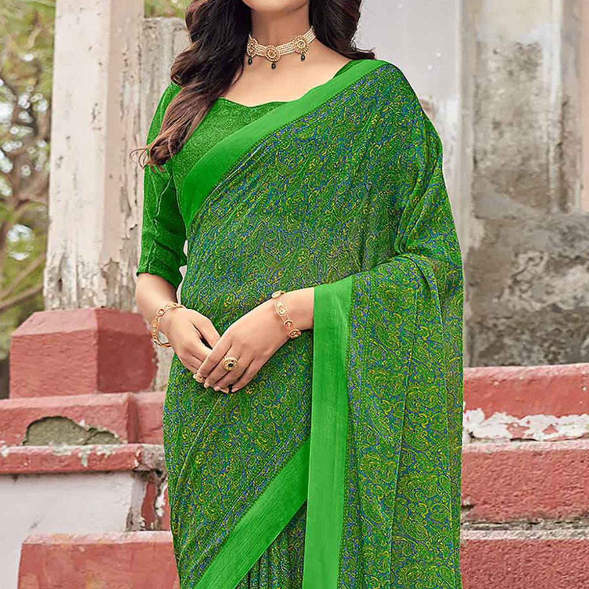 Green Floral Printed Chiffon Saree