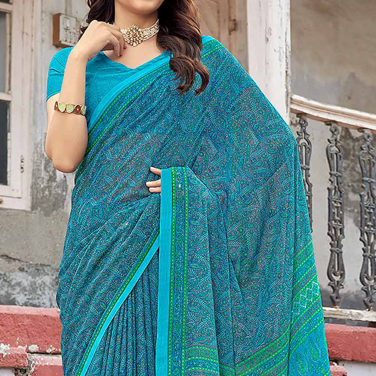 Blue Floral Printed Chiffon Saree