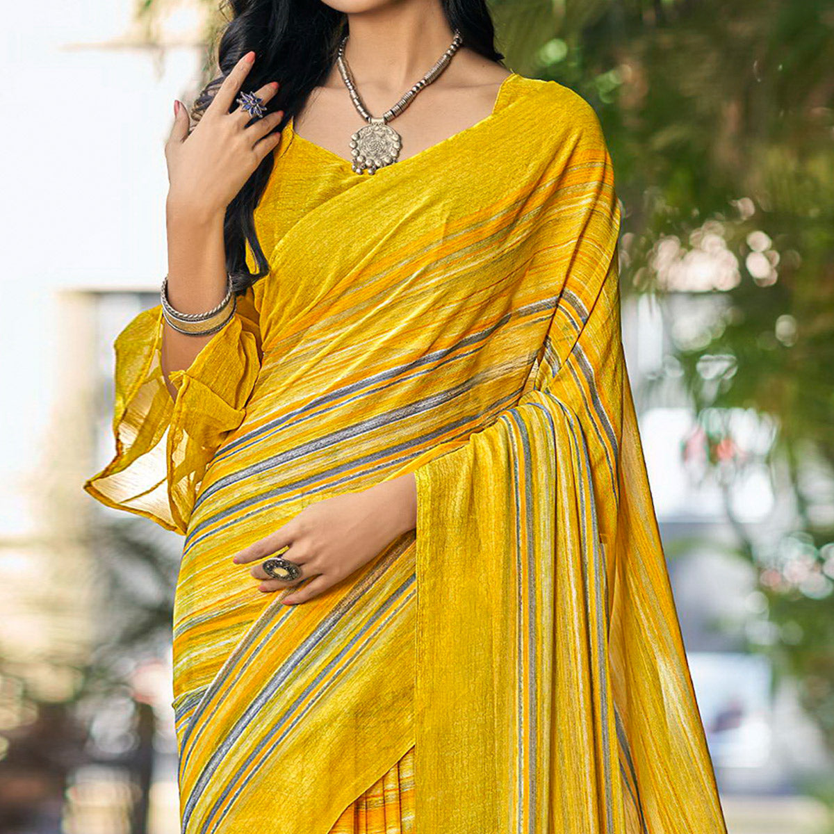 Yellow Printed Chiffon Saree