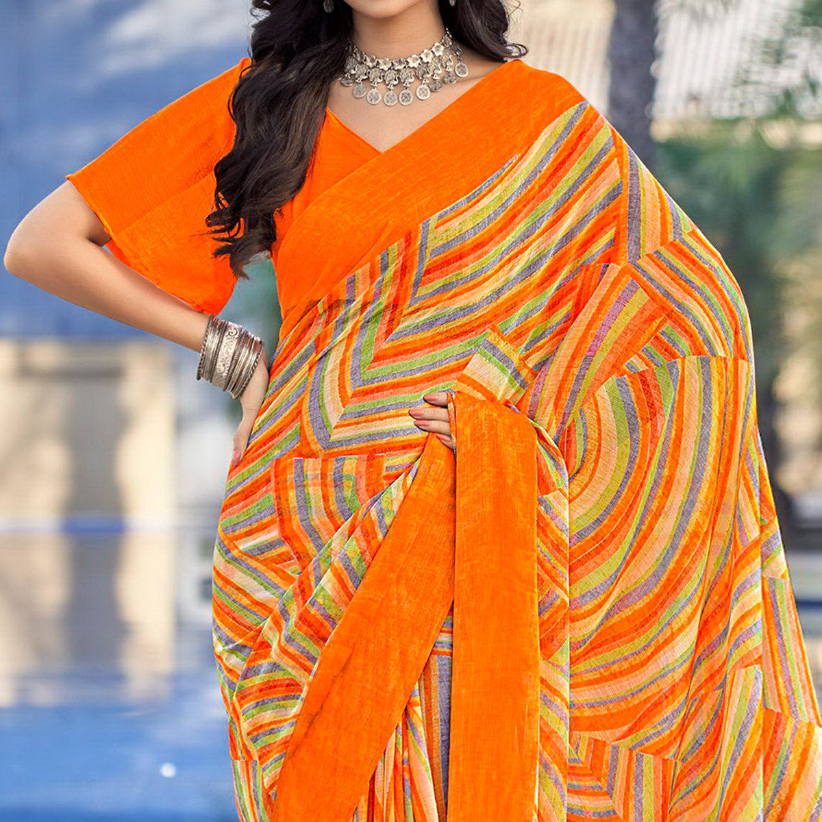Orange Printed Chiffon Saree