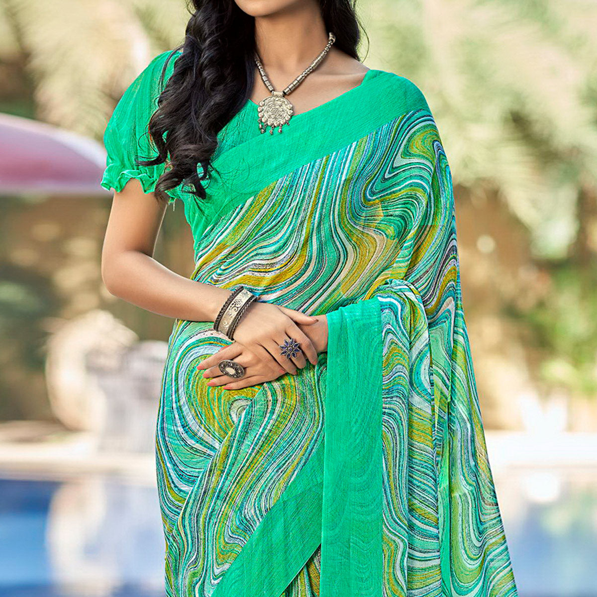Turquoise Printed Chiffon Saree