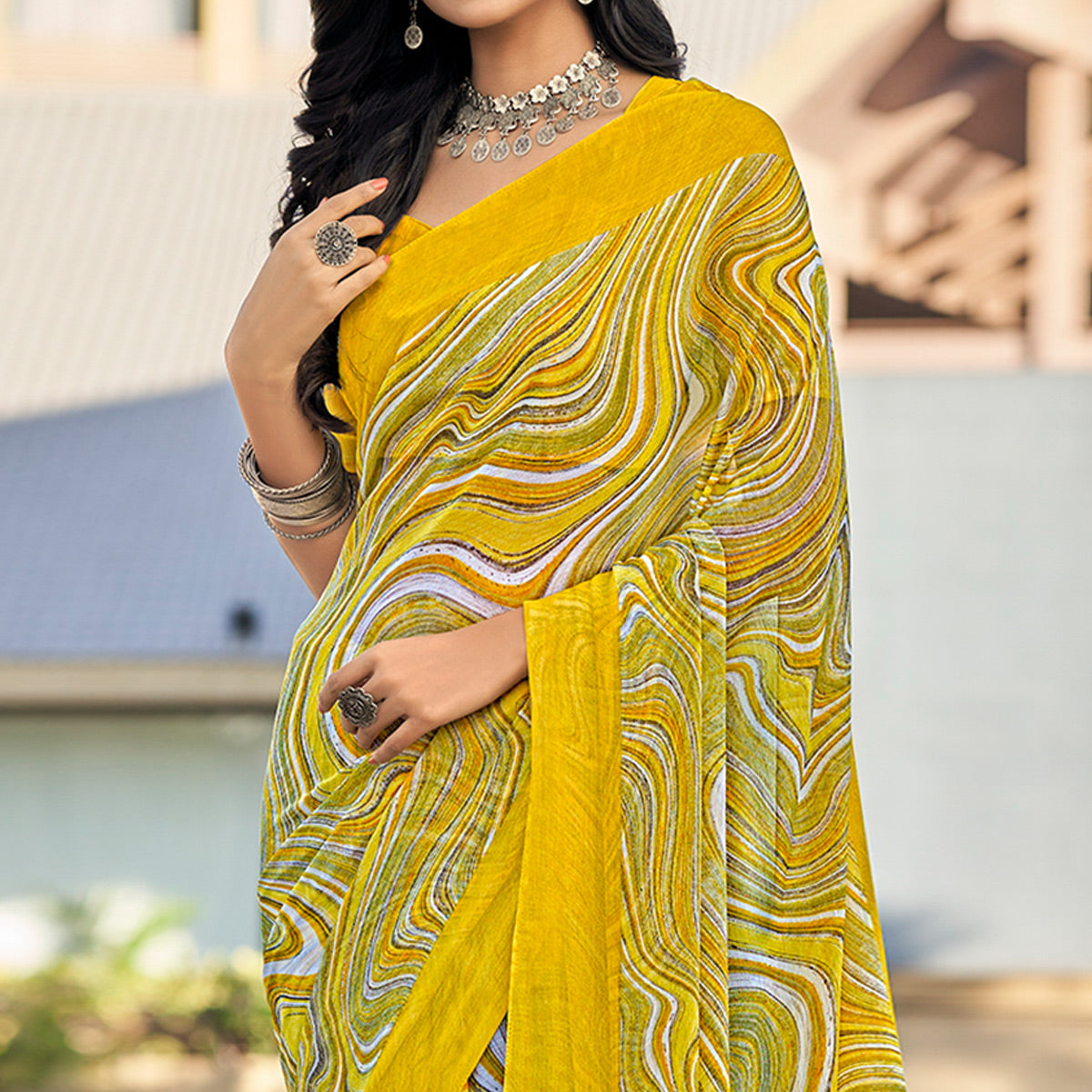 Lemon Yellow Printed Chiffon Saree