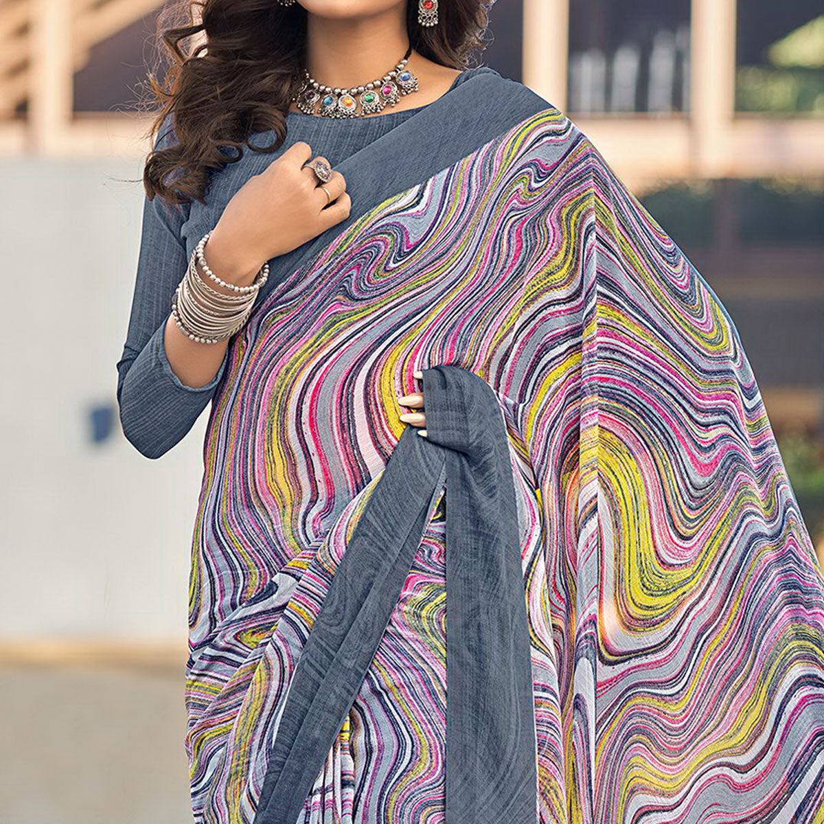 Grey Printed Chiffon Saree