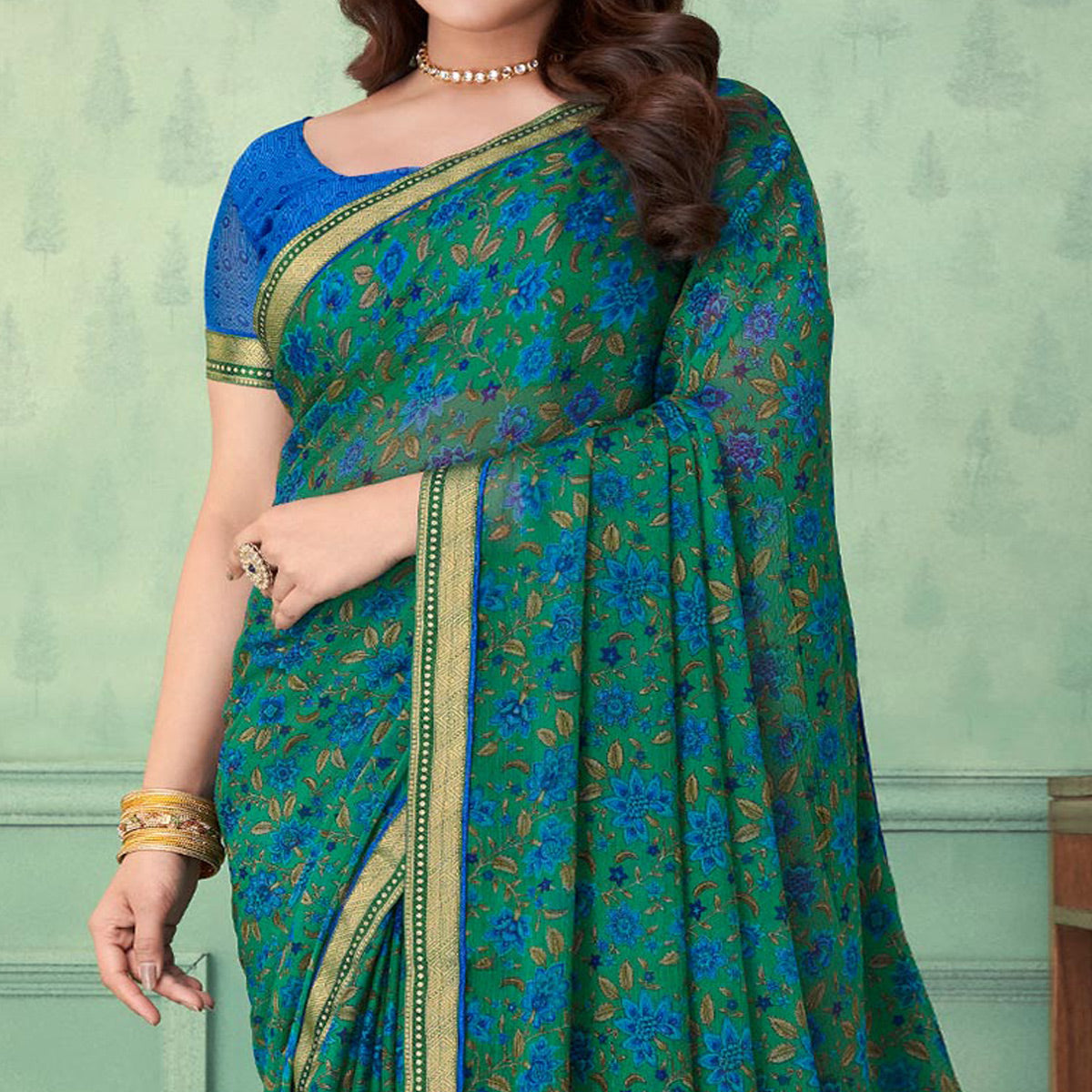 Green Floral Printed Chiffon Saree With Lace Border