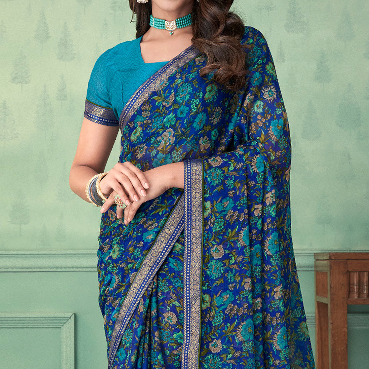 Blue Floral Printed Chiffon Saree With Lace Border