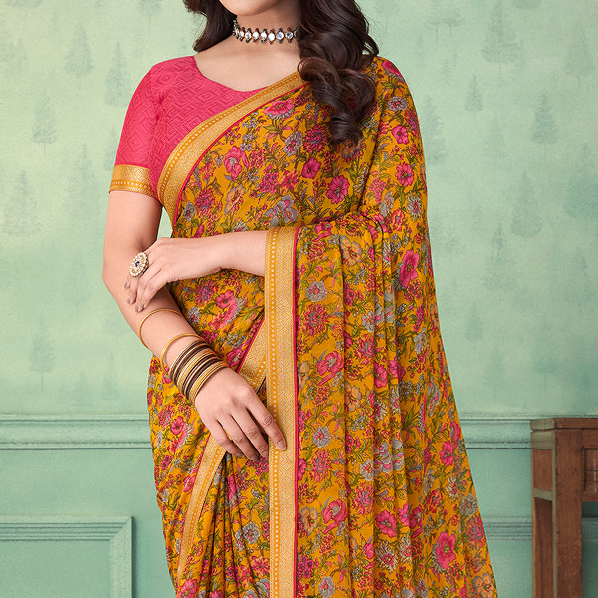 Mustard Floral Printed Chiffon Saree With Lace Border