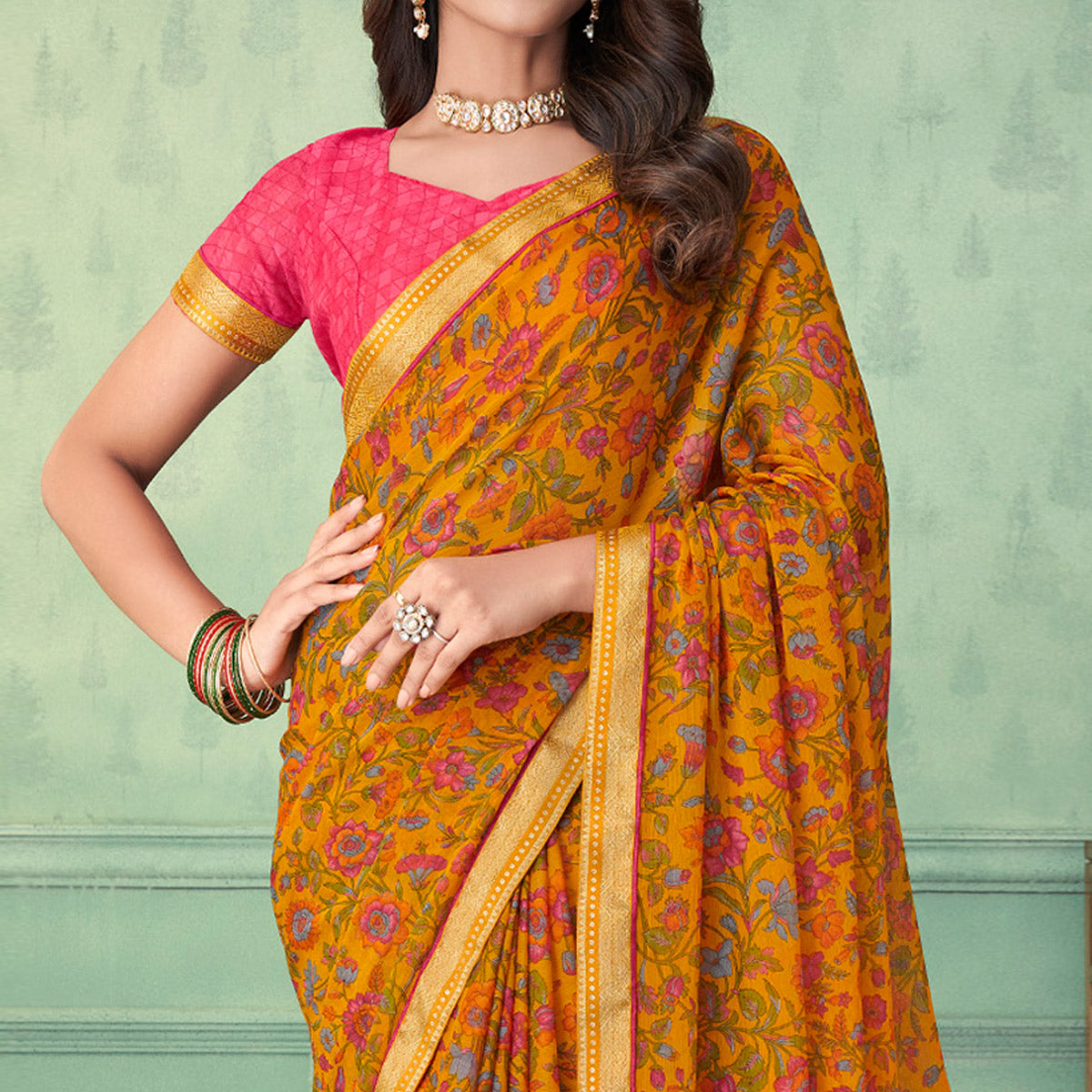 Yellow Floral Printed Chiffon Saree With Lace Border