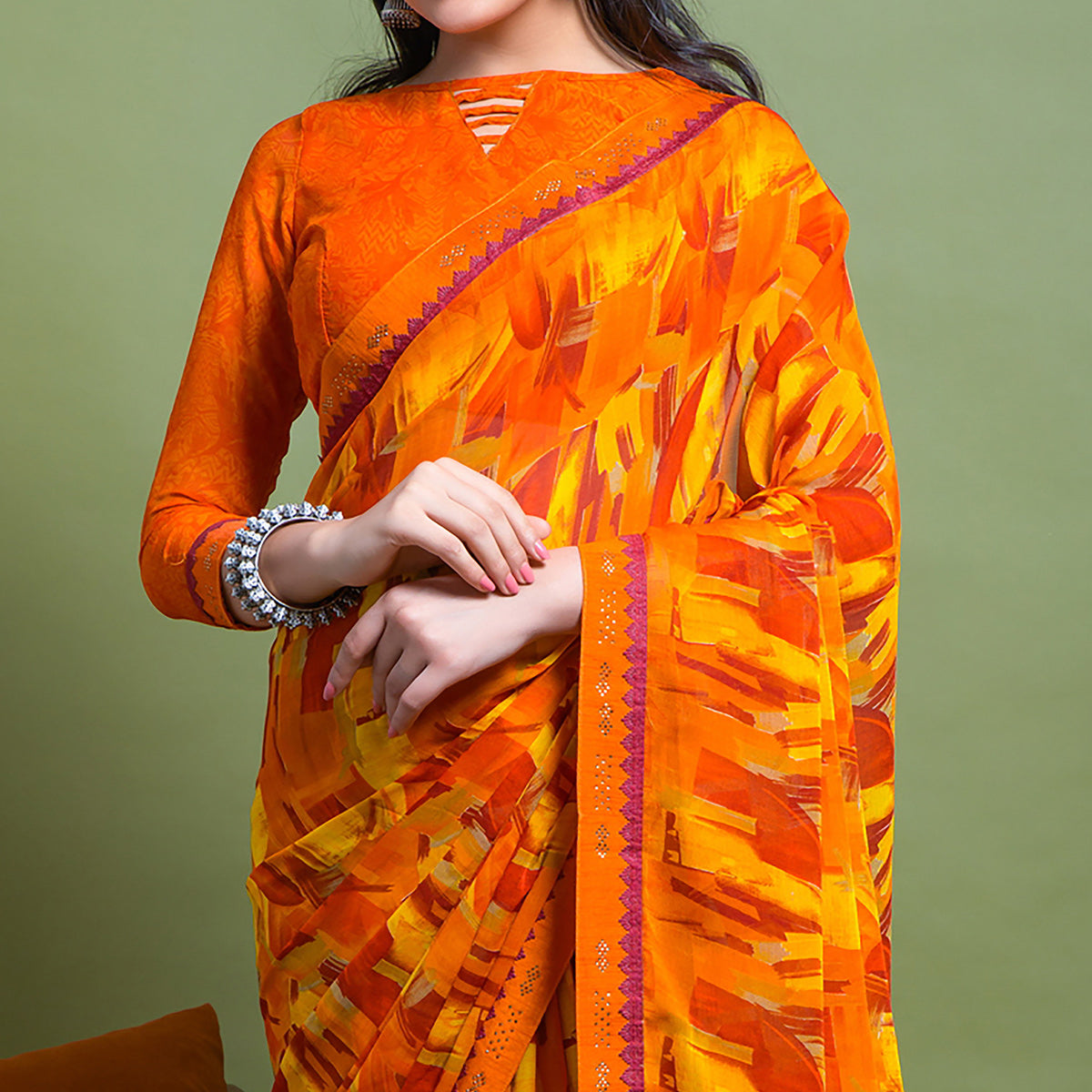 Orange Geometric Printed Chiffon Saree