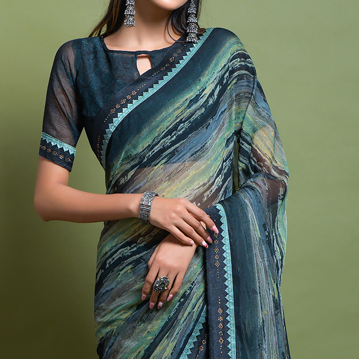 Grey Printed Chiffon Saree