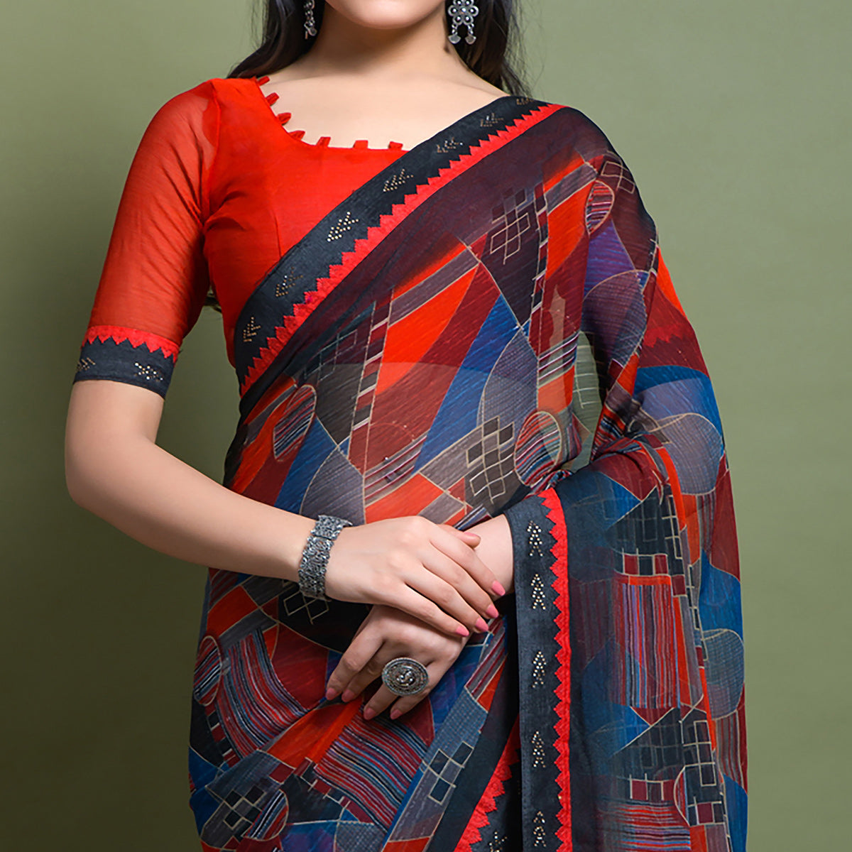 Multicolor Geometric Printed Chiffon Saree