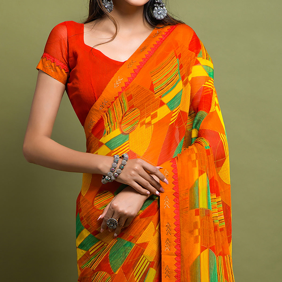 Orange Geometric Printed Chiffon Saree