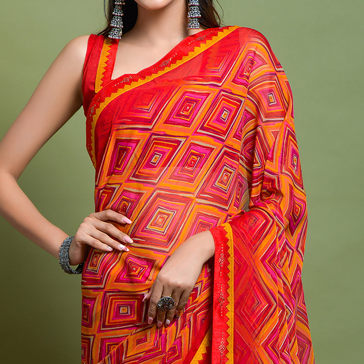 Red Geometric Printed Chiffon Saree