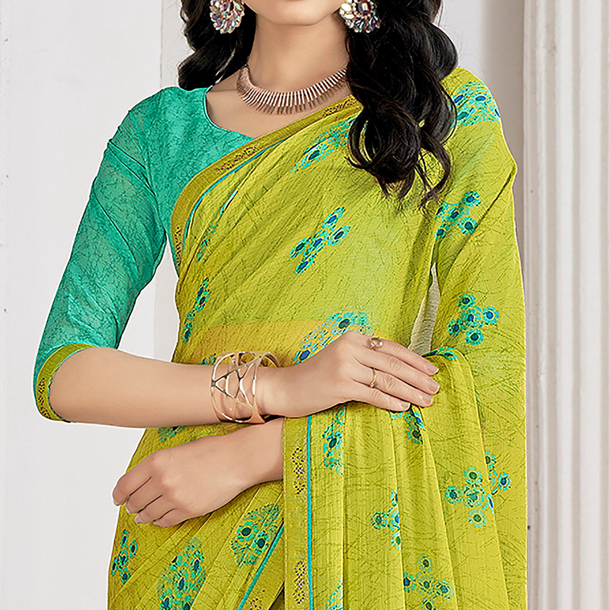 Lemon Green Printed With Swarovski Chiffon Saree