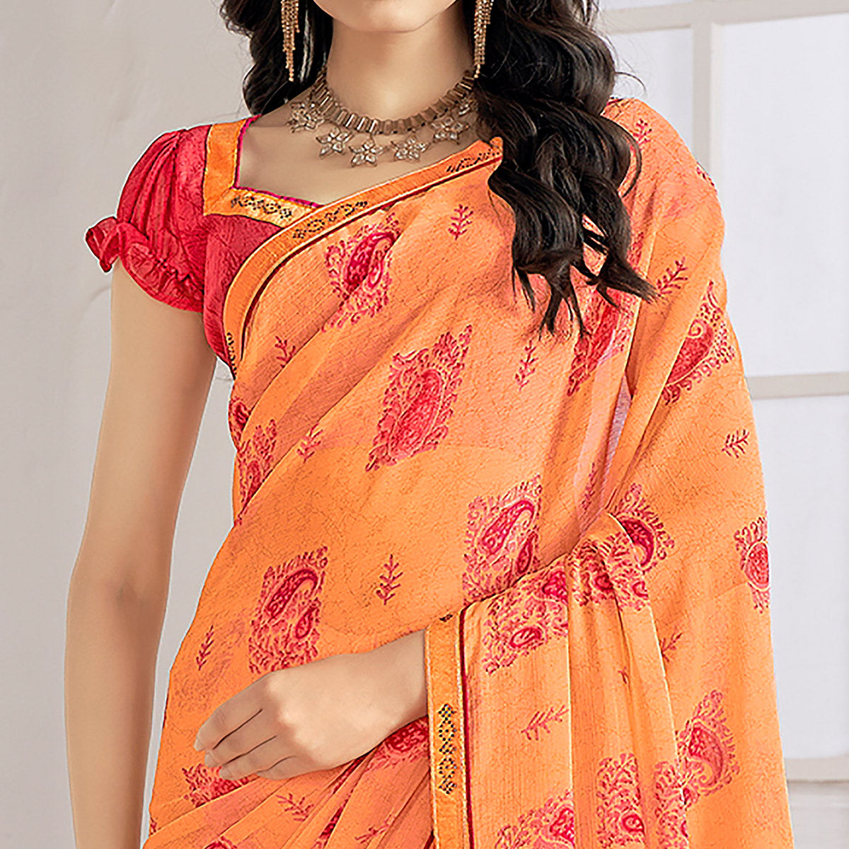 Orange Printed With Swarovski Chiffon Saree