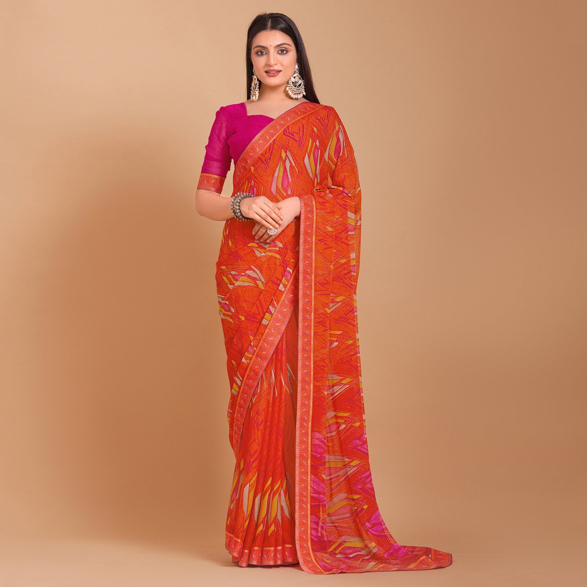 Orange Geometric Printed Chiffon Saree