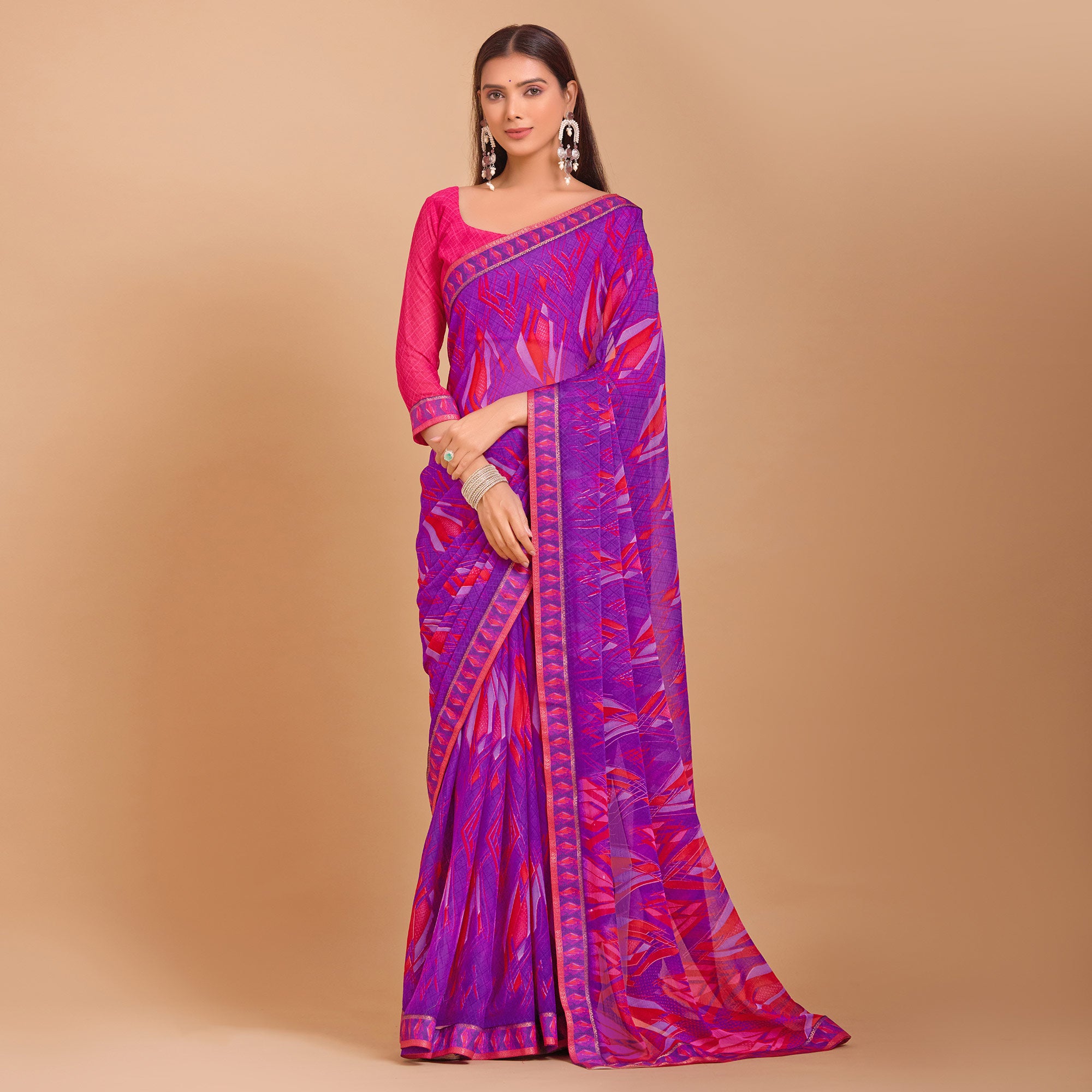 Purple Geometric Printed Chiffon Saree