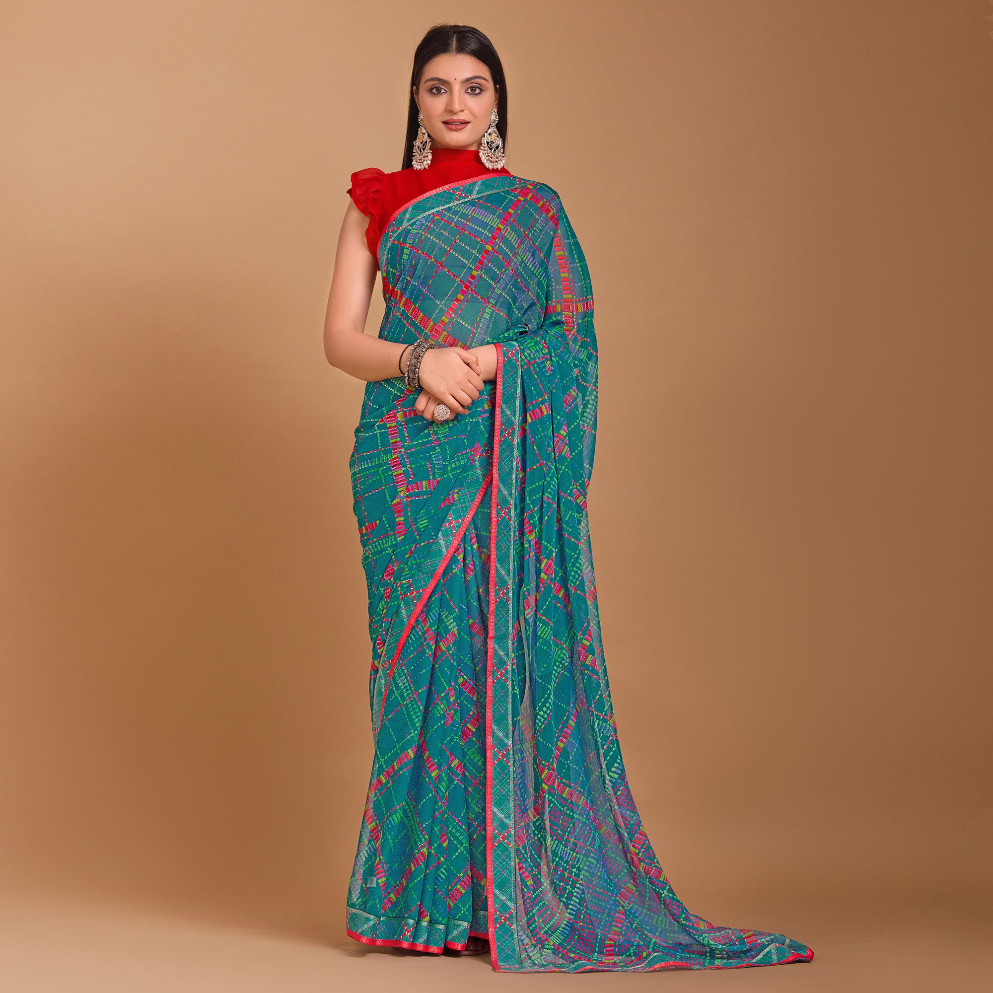 Teal Geometric Printed Chiffon Saree