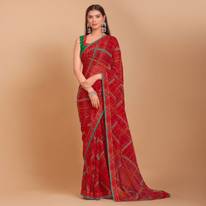Red Geometric Printed Chiffon Saree