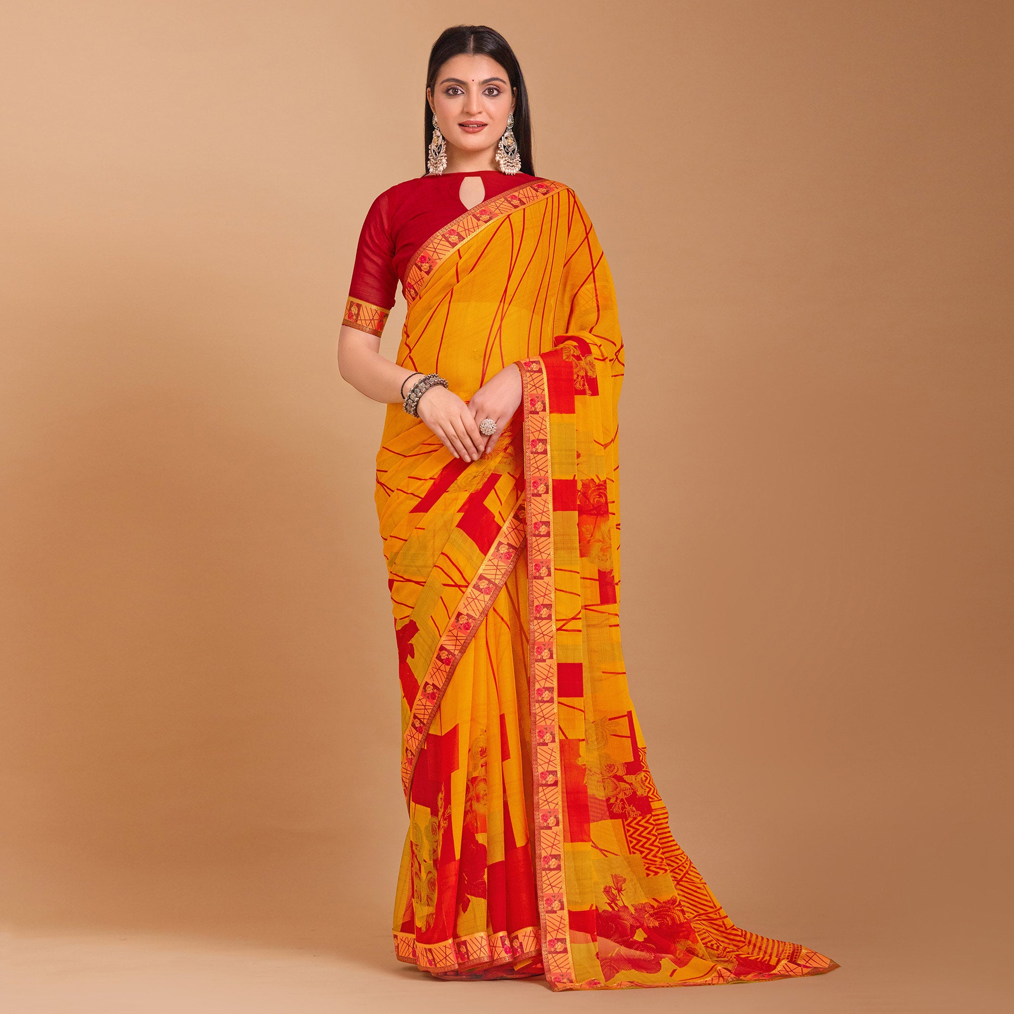 Mustard Geometric Printed Chiffon Saree