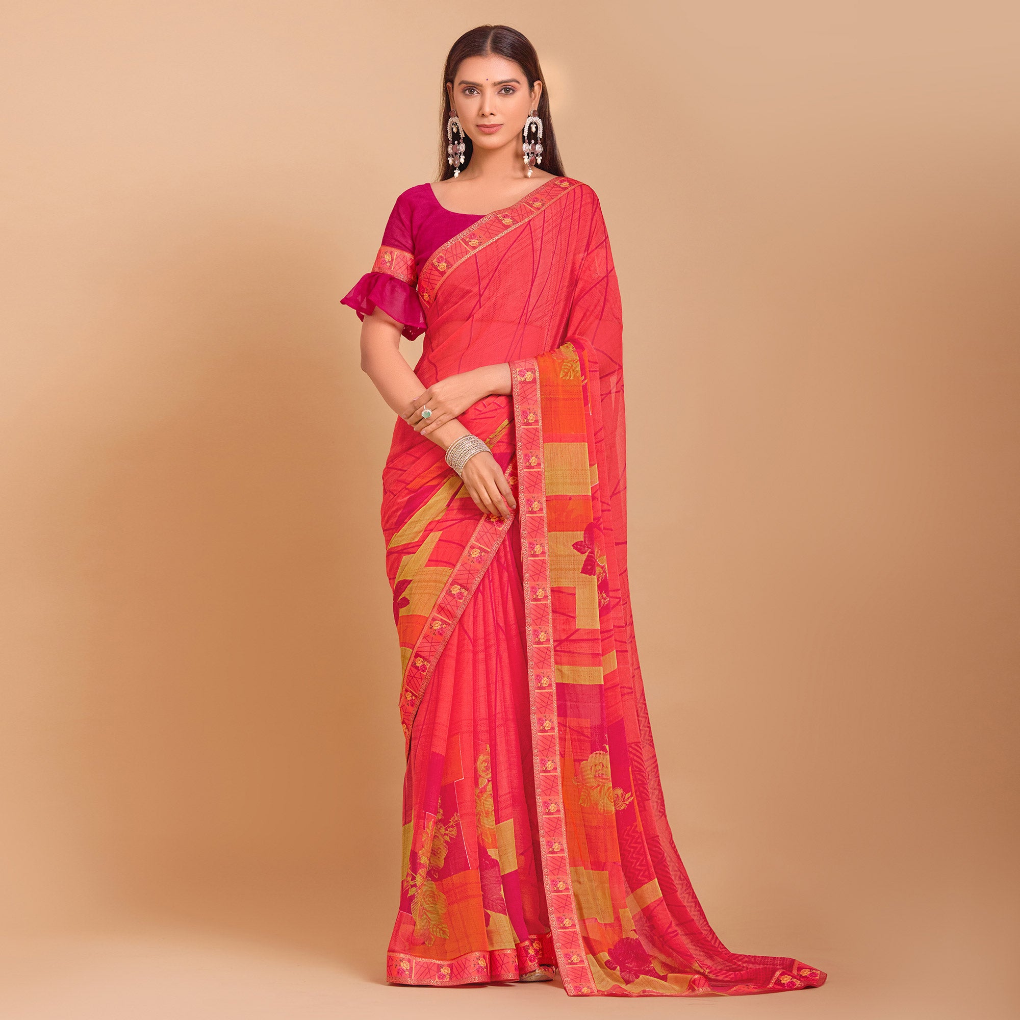 Peach Geometric Printed Chiffon Saree
