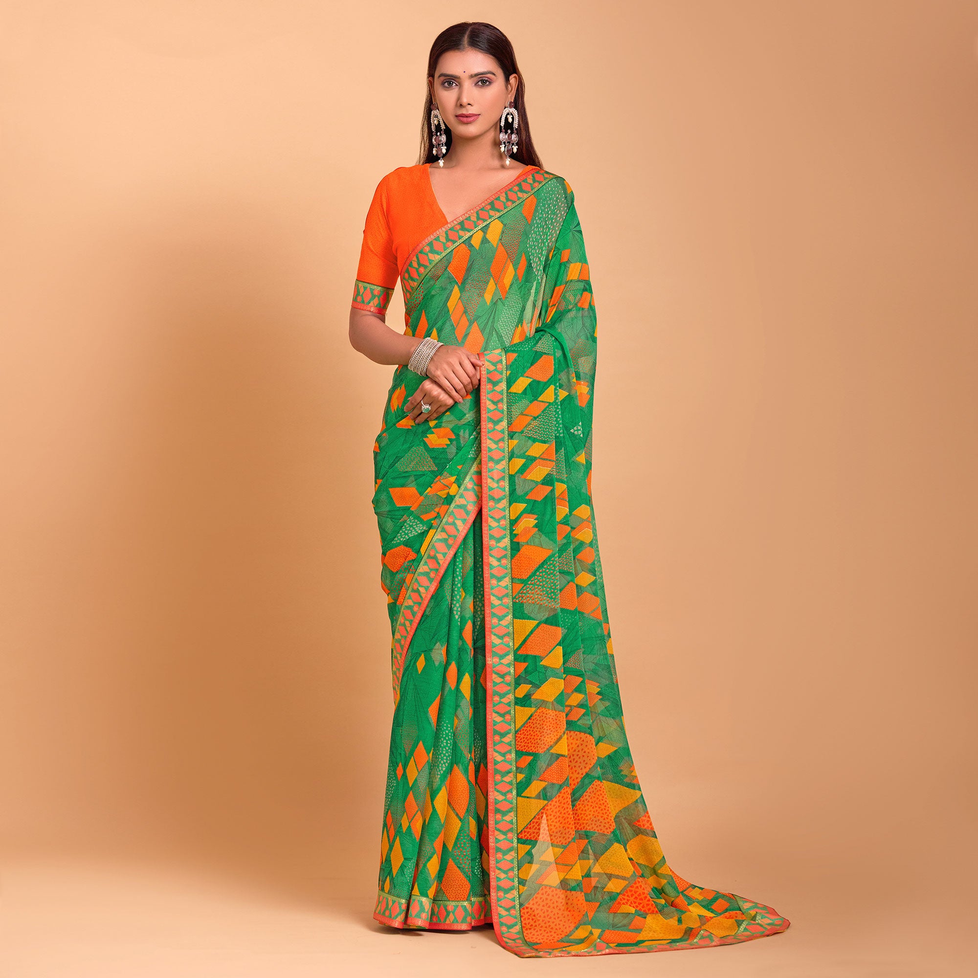 Green Geometric Printed Chiffon Saree