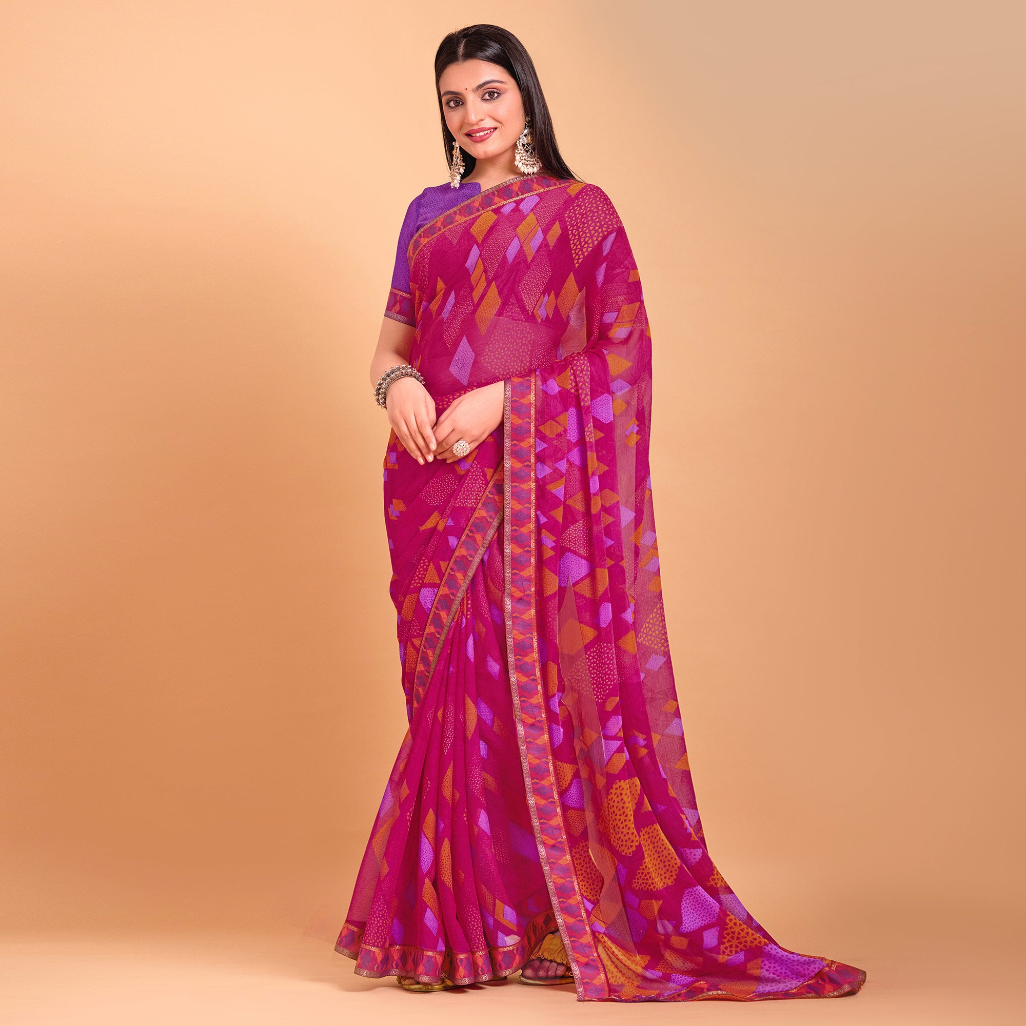 Pink Geometric Printed Chiffon Saree