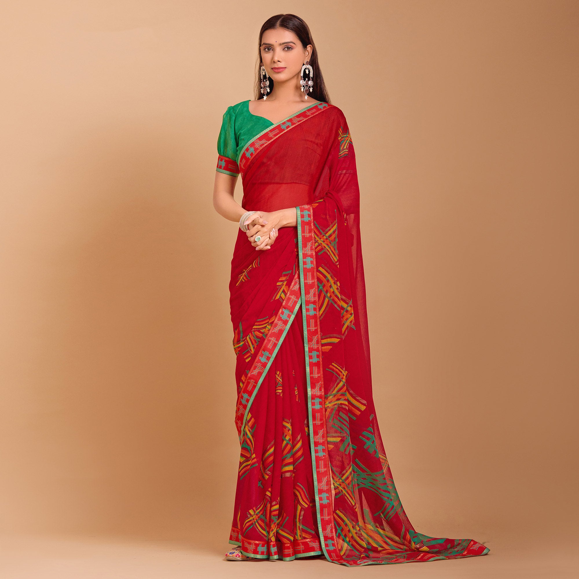 Red Geometric Printed Chiffon Saree