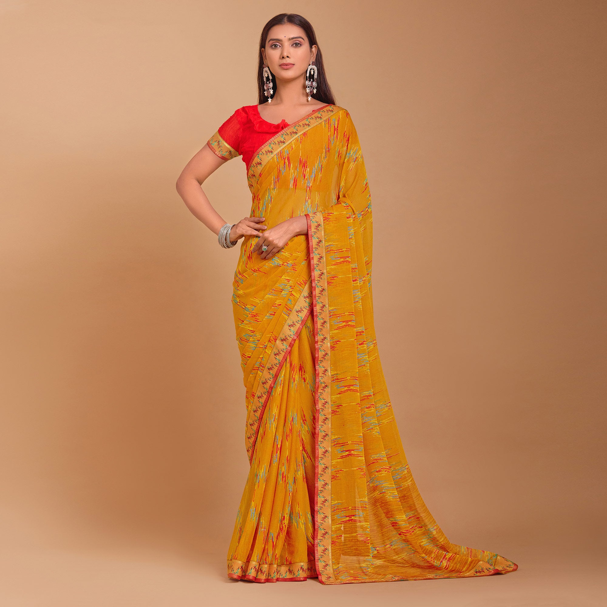 Mustard Ikkat Printed Chiffon Saree