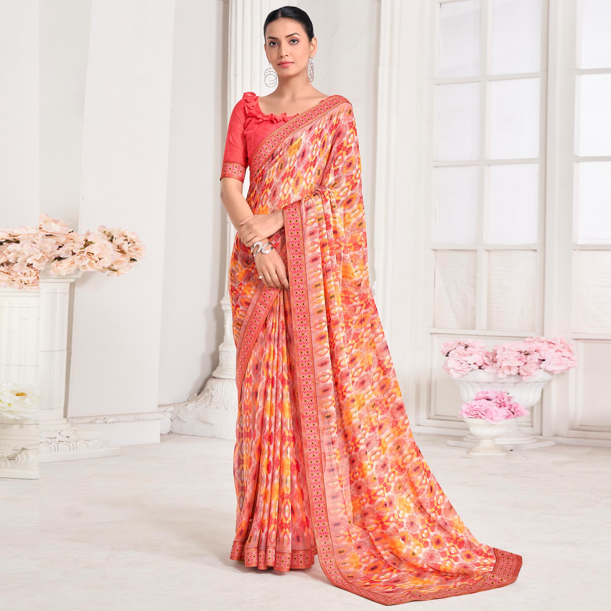 Peach Printed Chiffon Saree With Lace Border