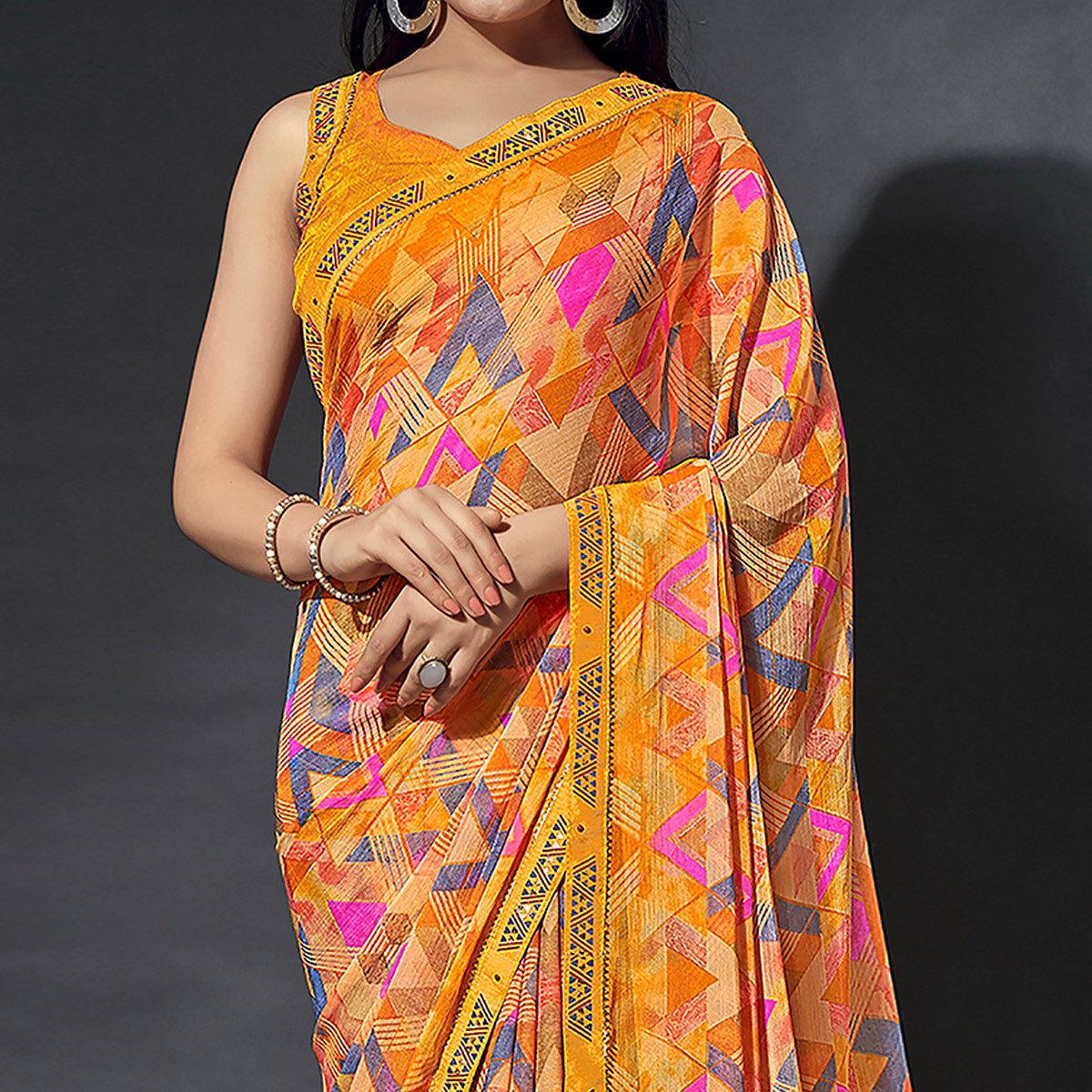 Mustard Printed Chiffon Saree With Lace Border