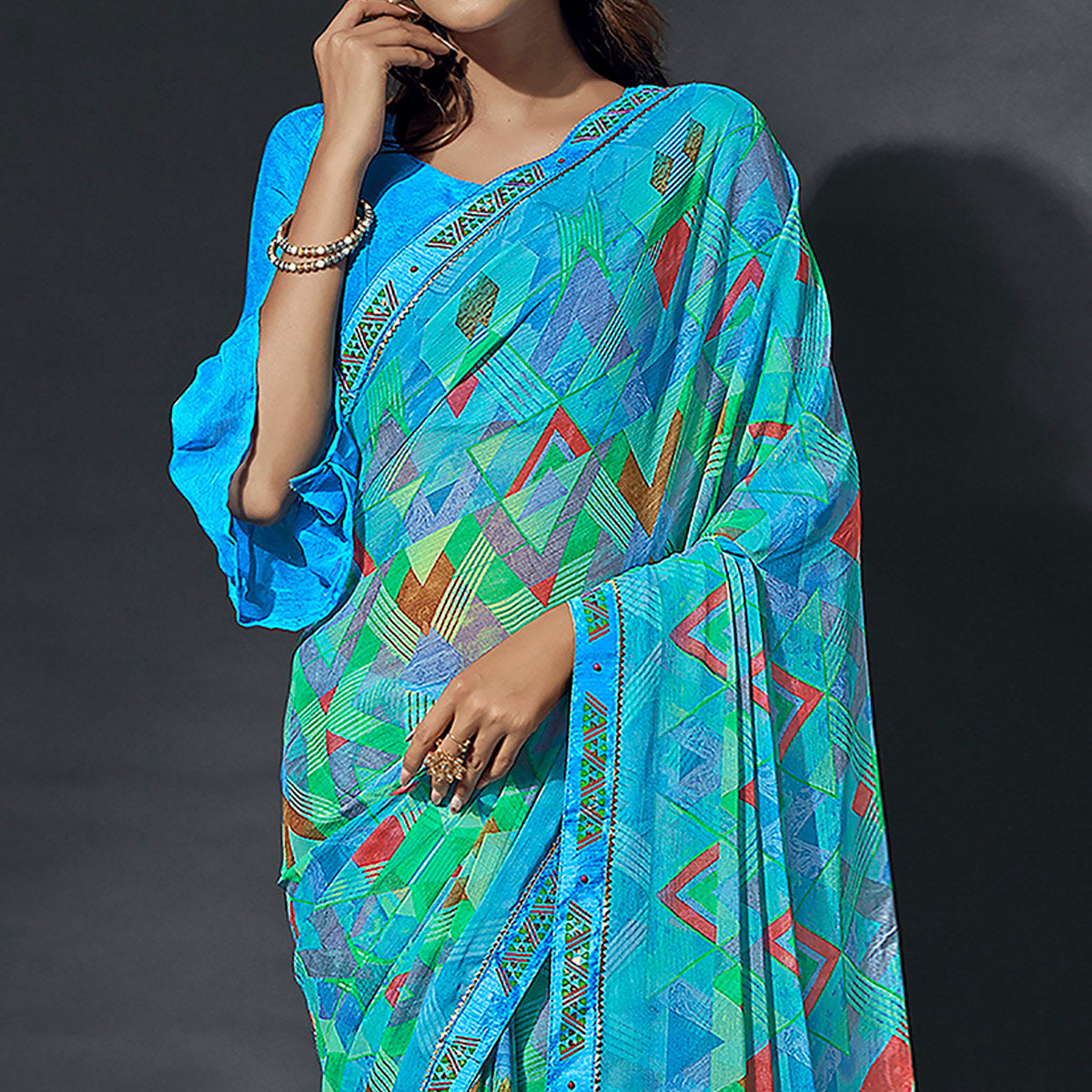 Blue Printed Chiffon Saree With Lace Border