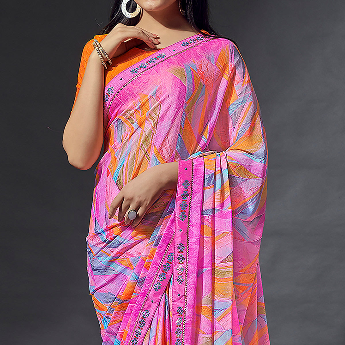 Pink Printed Chiffon Saree With Lace Border