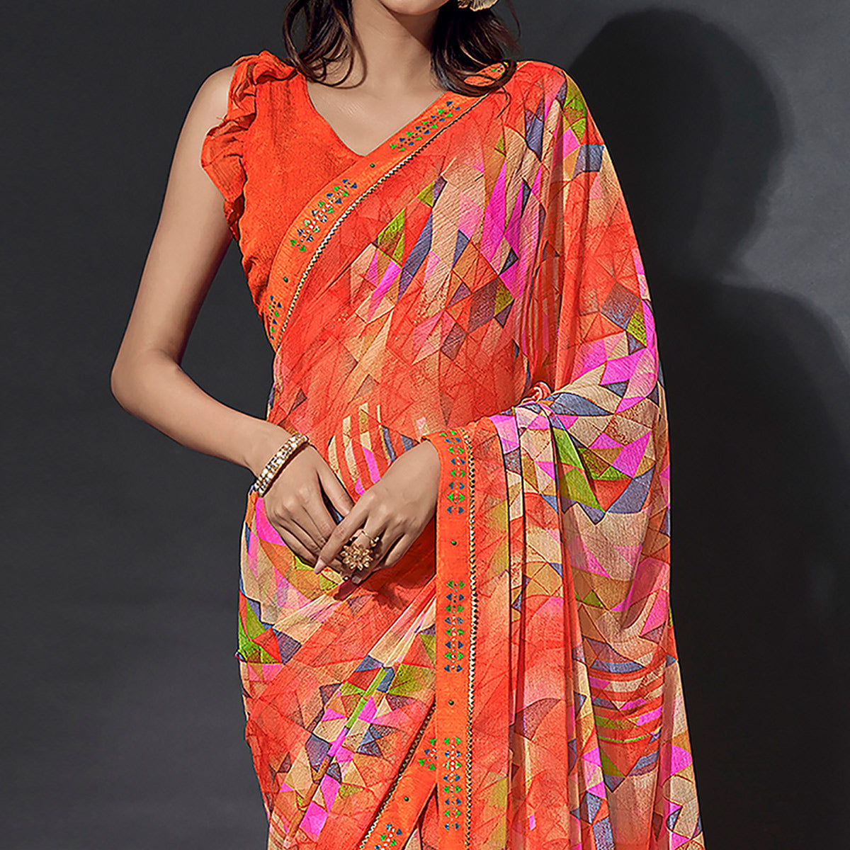 Orange Printed Chiffon Saree With Lace Border