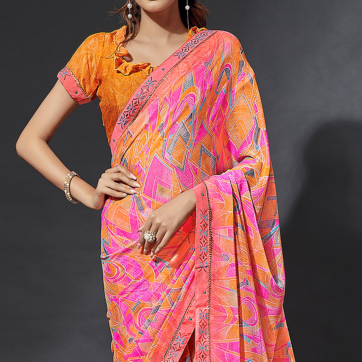 Pink & Orange Printed Chiffon Saree With Lace Border