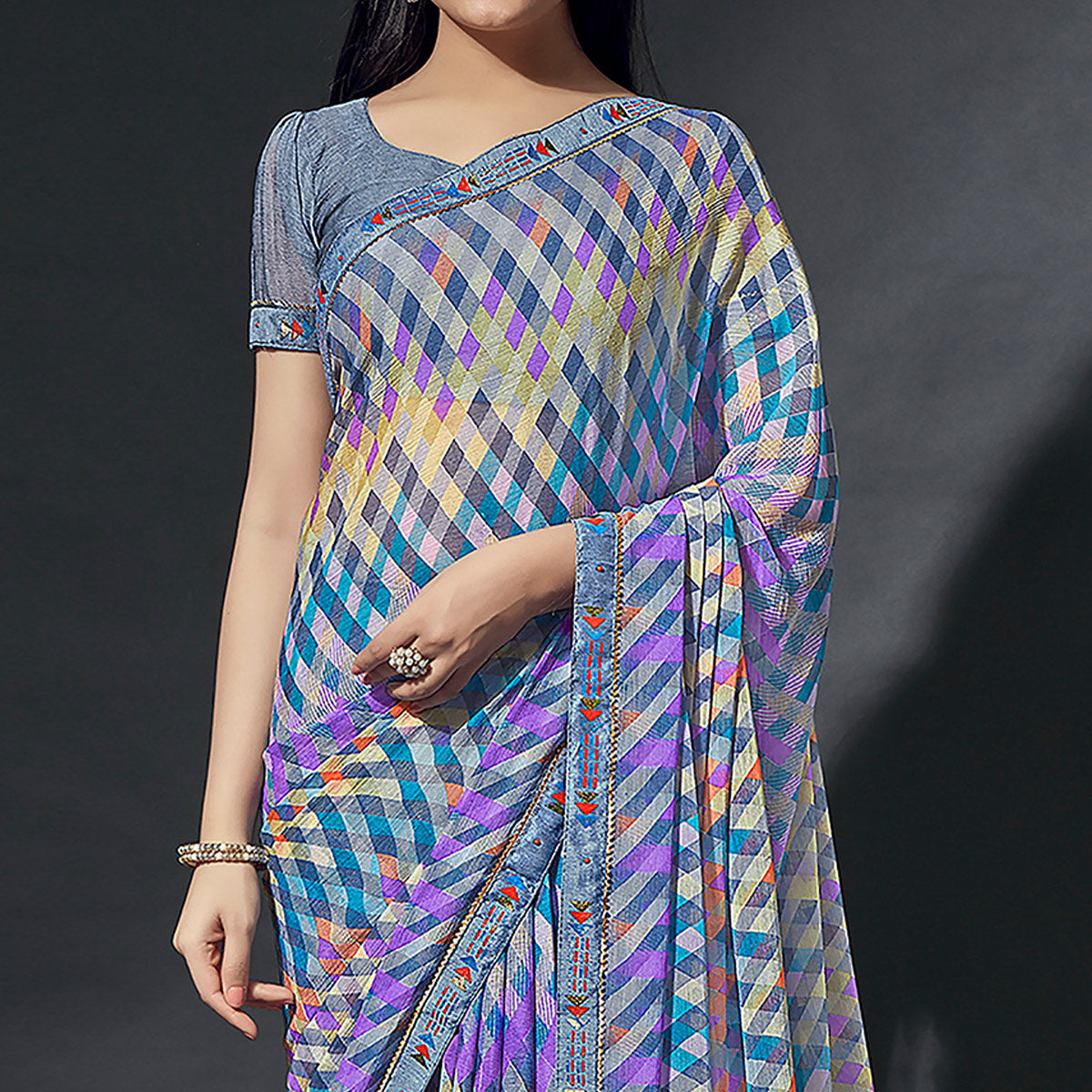 Grey Printed Chiffon Saree With Lace Border