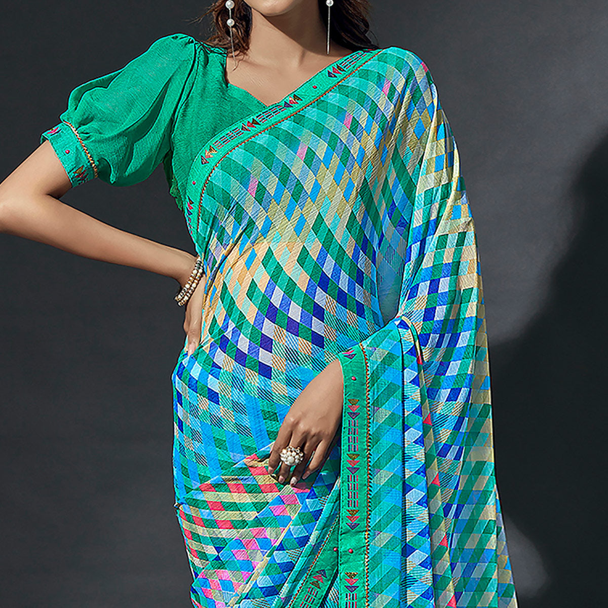 Turquoise Printed Chiffon Saree With Lace Border