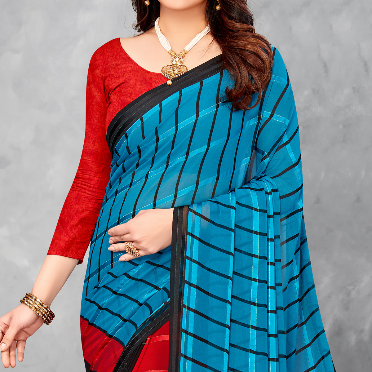 Red & Blue Striped Printed Georgette Saree