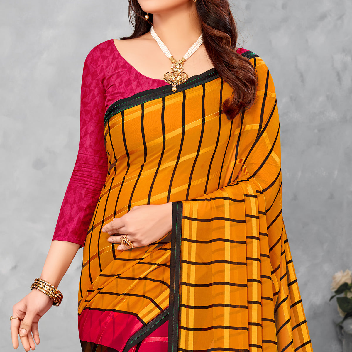 Yellow & Pink Striped Printed Georgette Saree