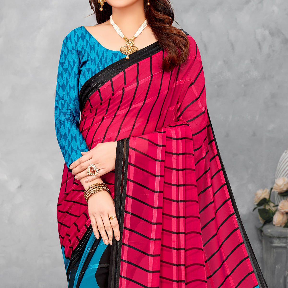 Blue & Pink Striped Printed Georgette Saree