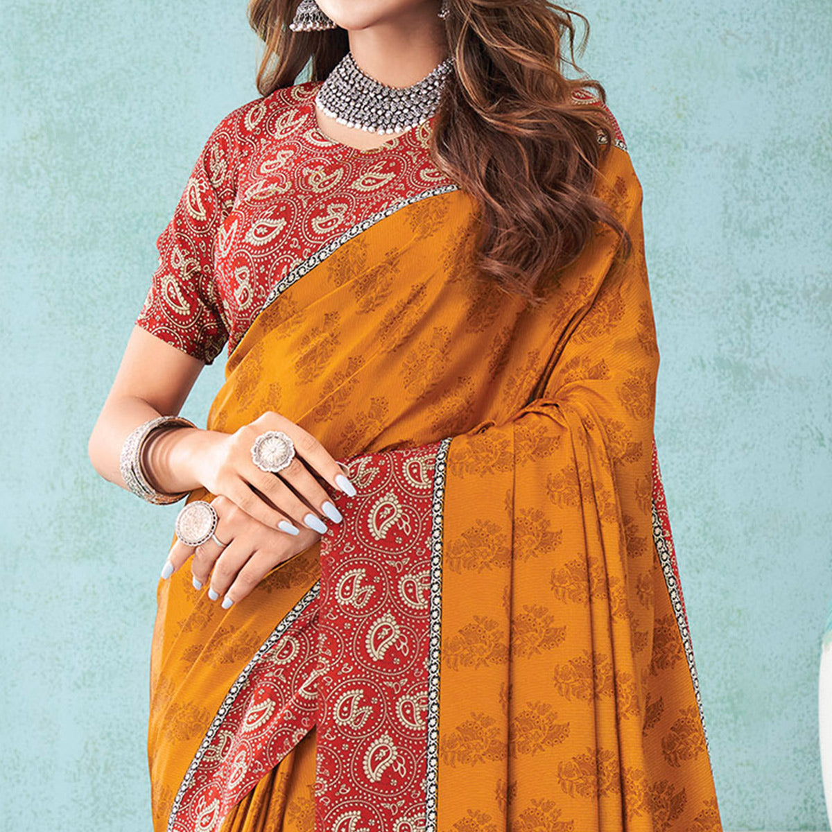 Mustard Floral Printed Crepe Silk Saree