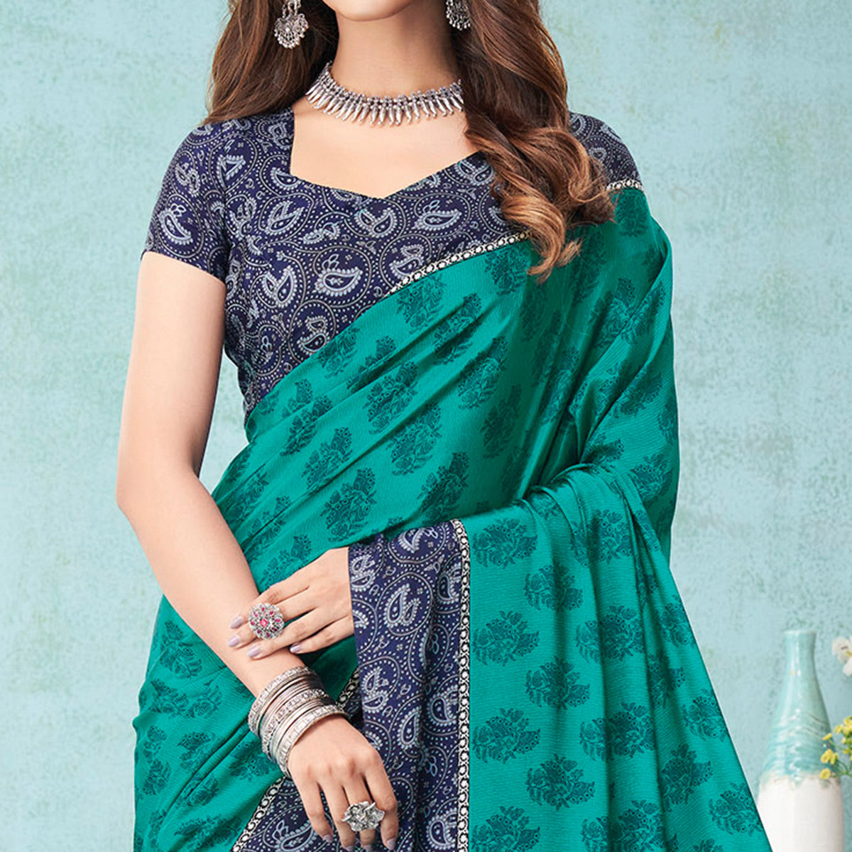Teal Floral Printed Crepe Silk Saree