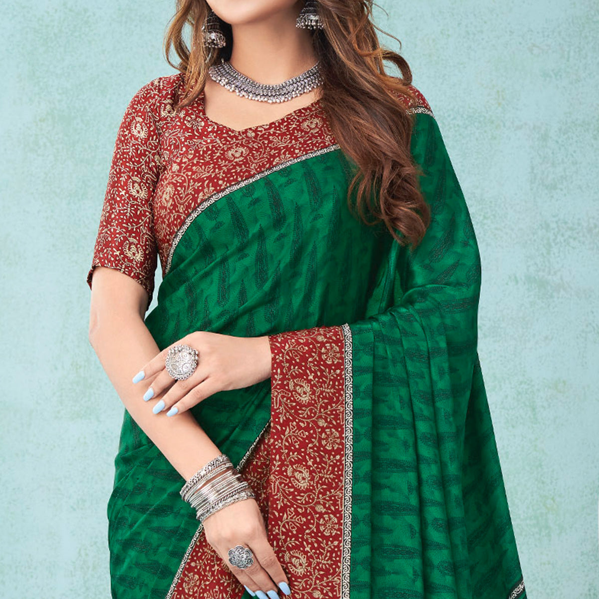 Green Floral Printed Crepe Silk Saree