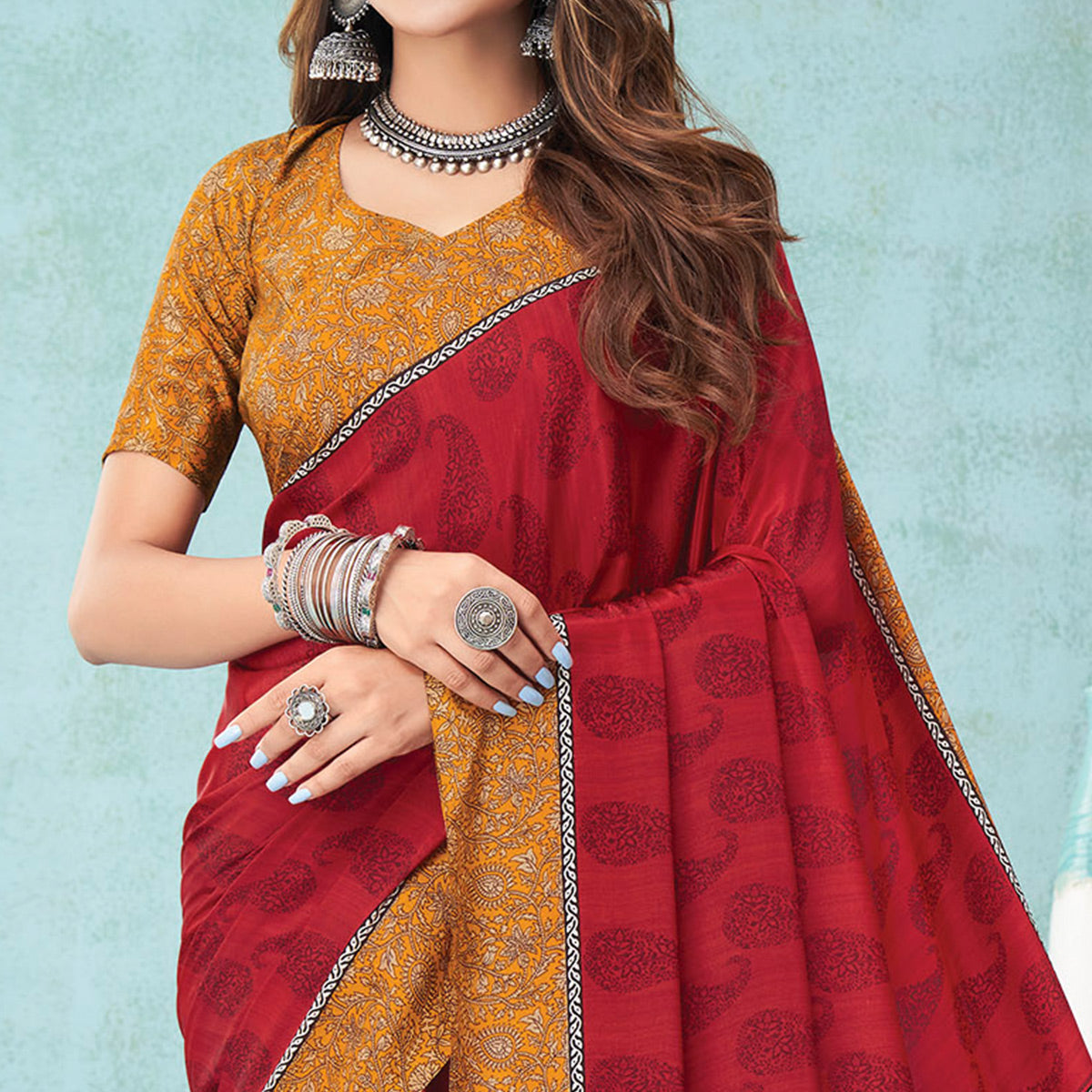 Red Floral Printed Crepe Silk Saree