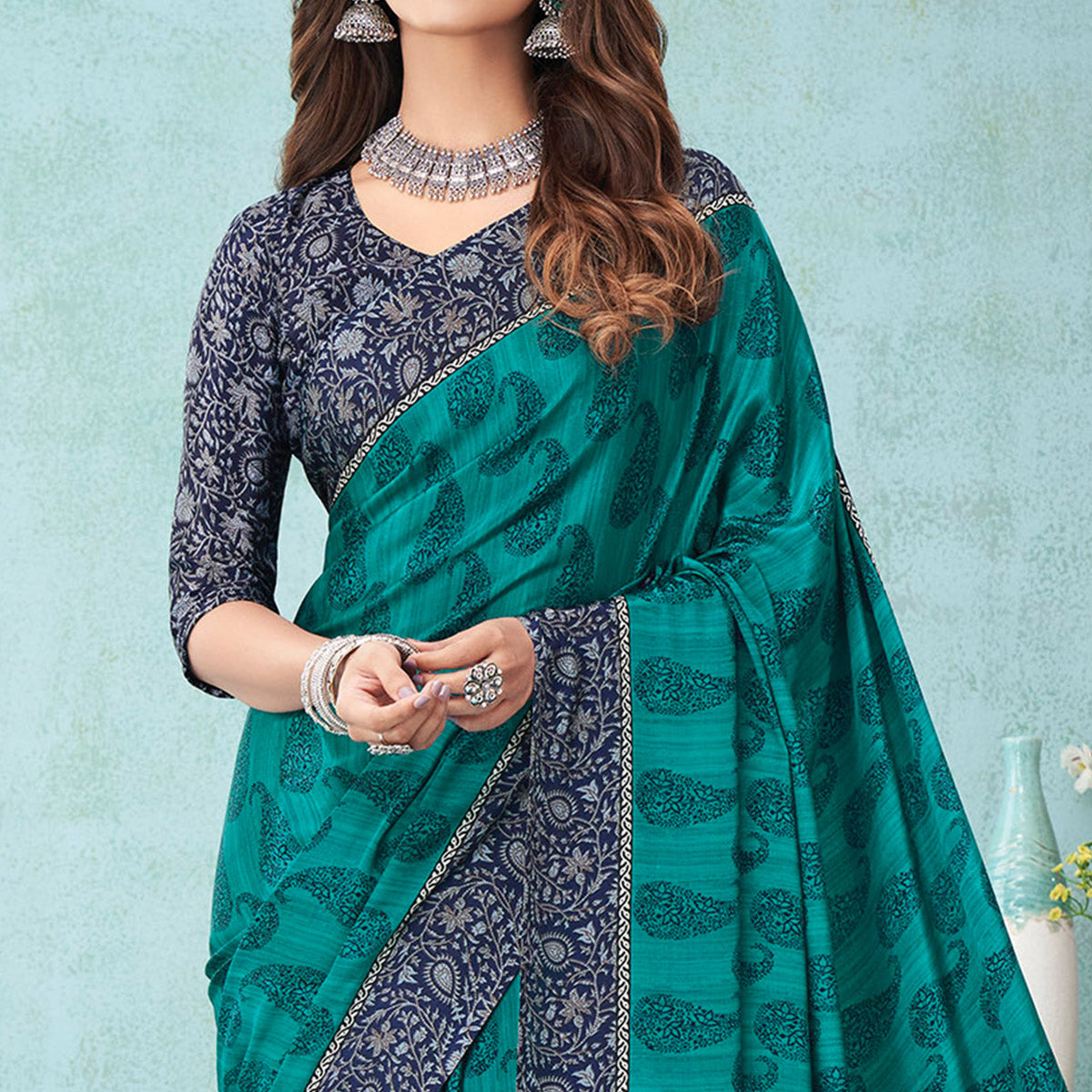 Teal Floral Printed Crepe Silk Saree