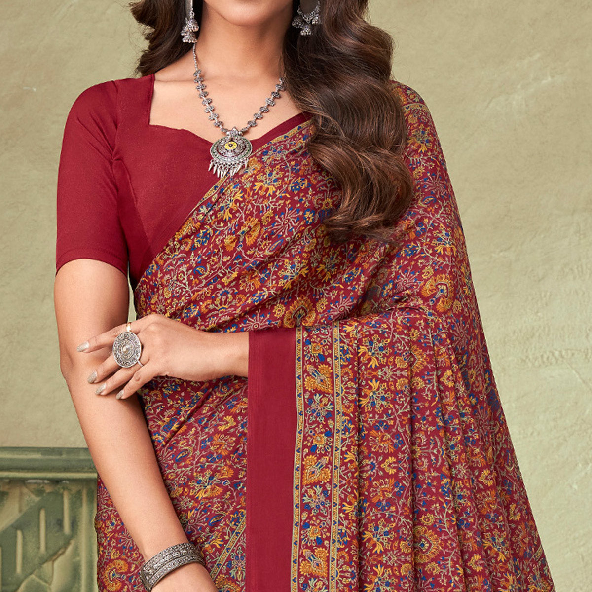 Maroon Floral Printed Crepe Saree