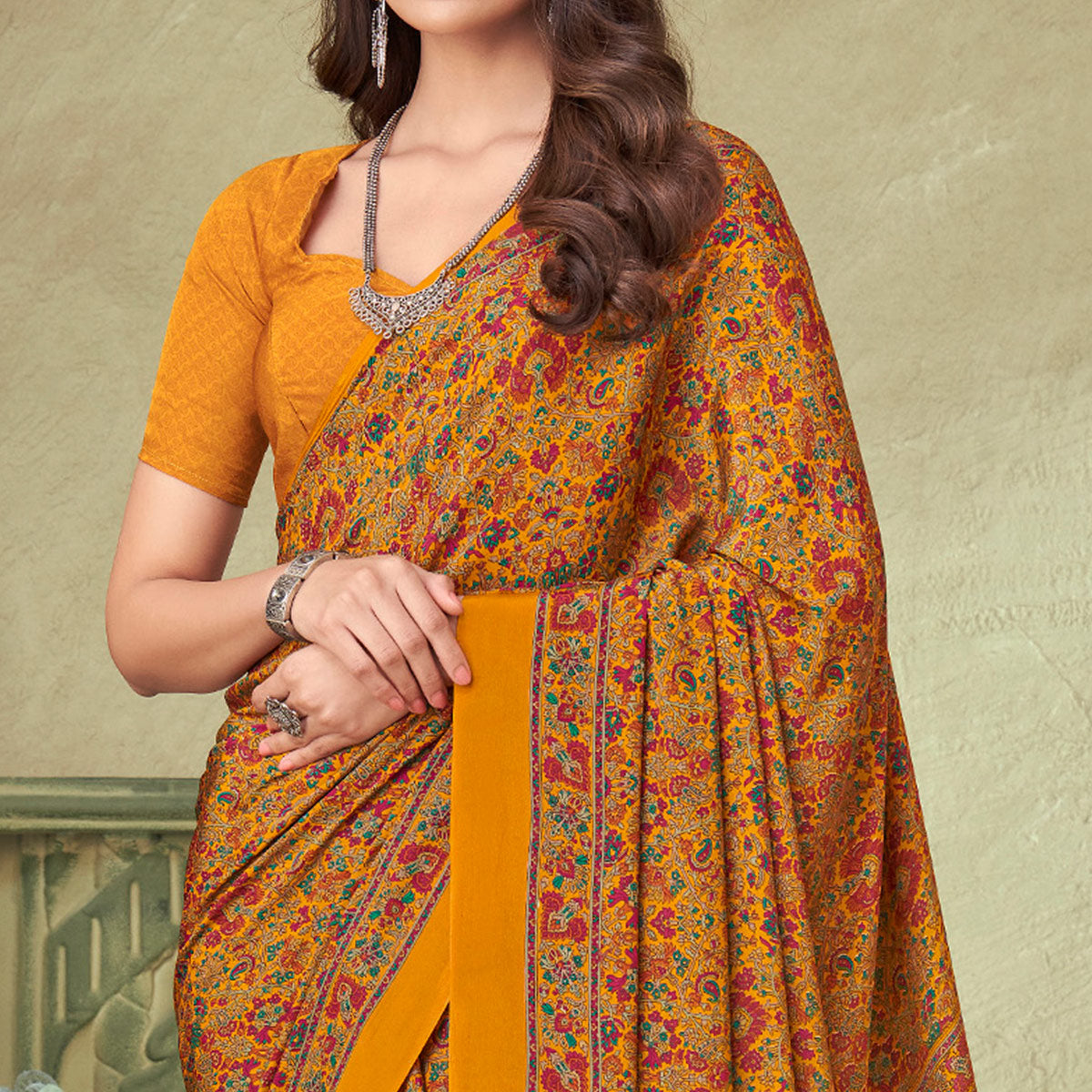 Yellow Floral Printed Crepe Saree