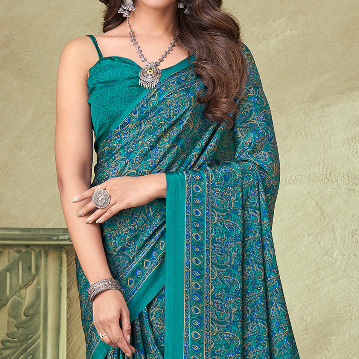 Teal Printed Crepe Saree