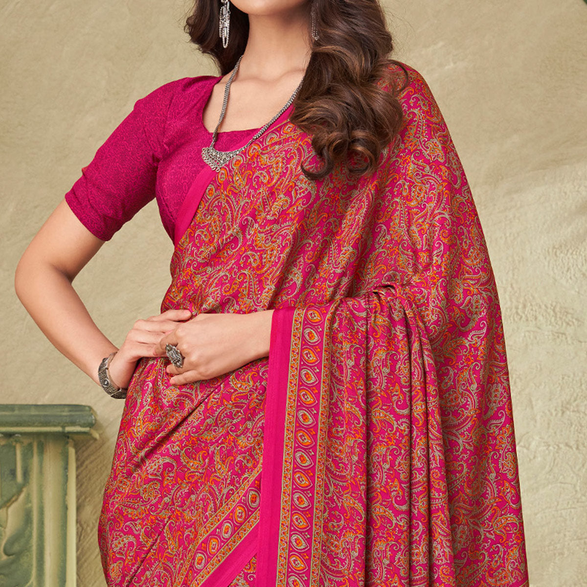 Rani Pink Printed Crepe Saree