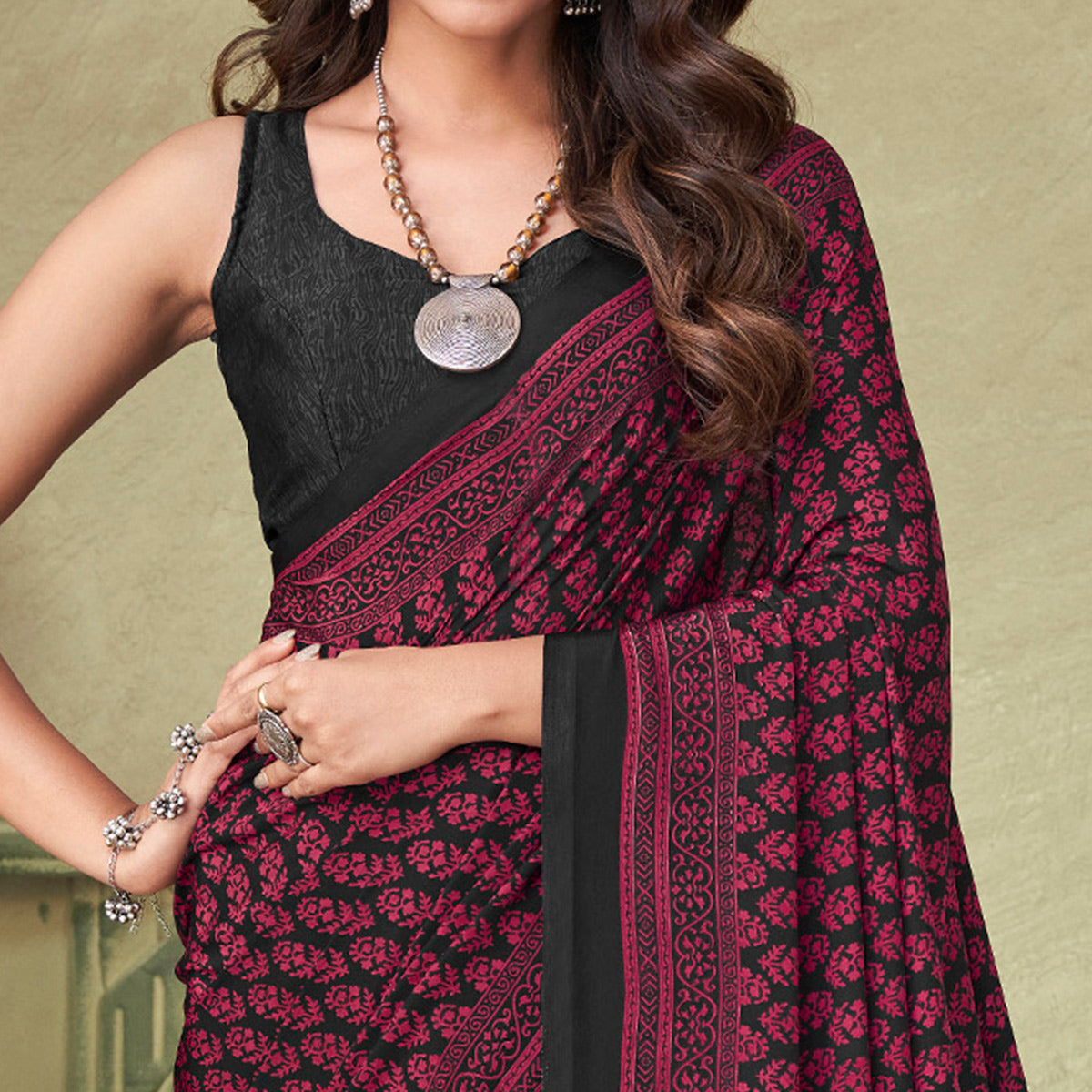 Wine & Black Floral Printed Crepe Saree